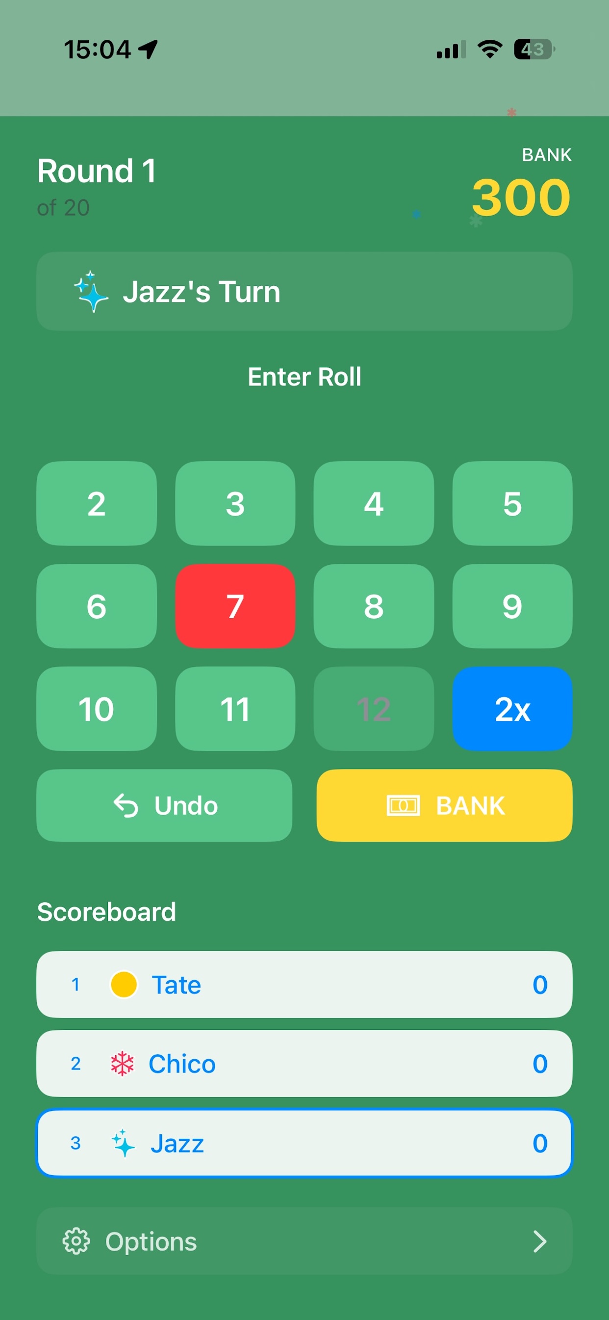 Active gameplay screen showing Round 1 of 20, Jazz's Turn, a running BANK total of 300, and a roll keypad with numbers 2 through 12 plus a 2x button, with the 7 highlighted in red and the yellow BANK button below.